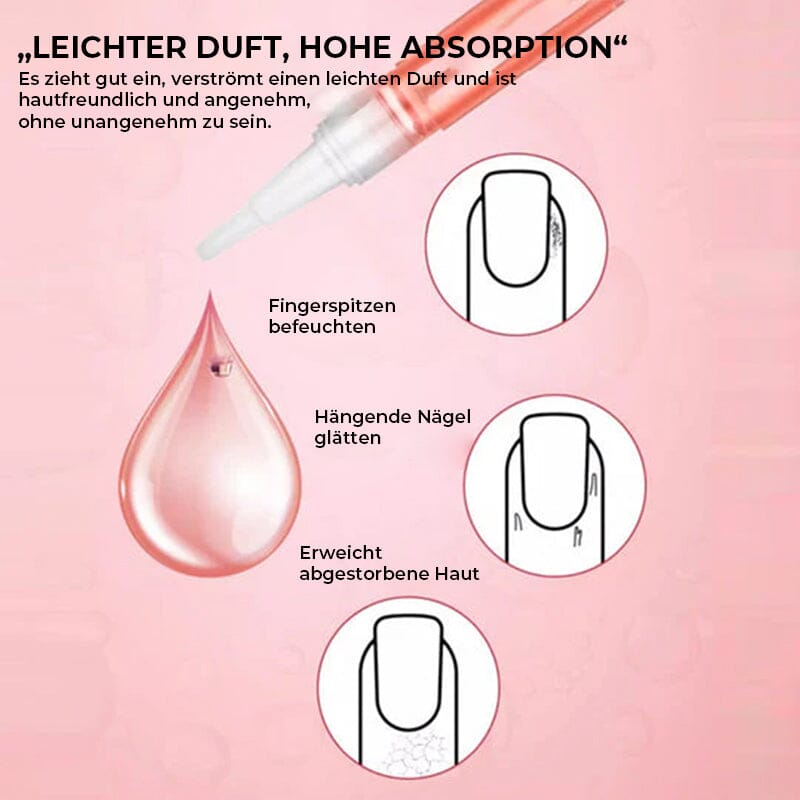 Pflegestift mit Öltropfen und drei Nagelzeichnungen, die Befeuchten, Glätten hängender Nägel und Erweichen abgestorbener Haut 8