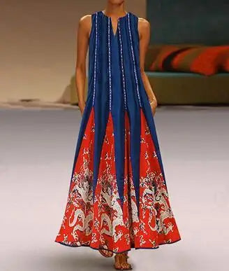 Ärmelloses Maxikleid, blau-rot, mit Drachenmuster, Damenmode, Sommerkleidung, elegant.