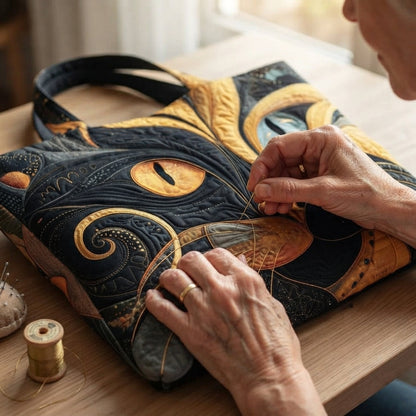 Hände nähen mit Nadel und Faden an der Tasche mit Katzenmotiv, daneben Garnrolle und Nadelkissen 4