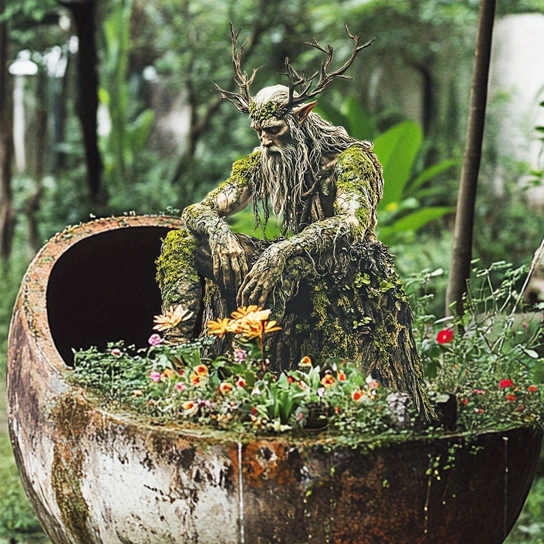 Waldgeist mit Geweih sitzt als Dekoration in einem rostigen Pflanzgefäß voller bunter Blumen im Garten. 7