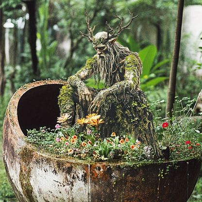 Waldgeist mit Geweih sitzt als Dekoration in einem rostigen Pflanzgefäß voller bunter Blumen im Garten. 7