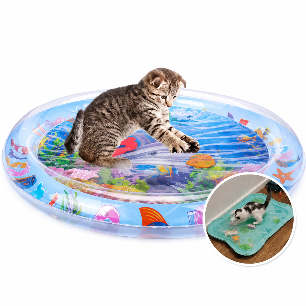 Freigestelltes Kätzchen tappt auf der runden Wassermatte, in einem Einsatzbild spielt eine schwarz-weiße Katze auf einer türkisfarbenen Matte. 6