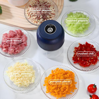 Draufsicht auf den blauen Hacker, umgeben von Glasschalen mit zerkleinerten Erdnüssen, Sellerie, Hackfleisch, Chili, Knoblauch und Kürbisstücken. 5