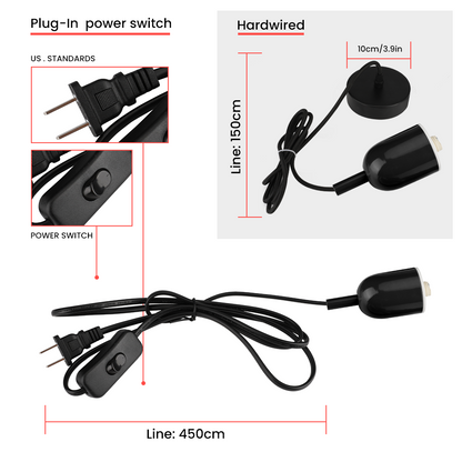 Schwarzes Netzkabel mit Schalter, US-Stecker, 450 cm Länge, für Beleuchtung, Hardwired-Option.