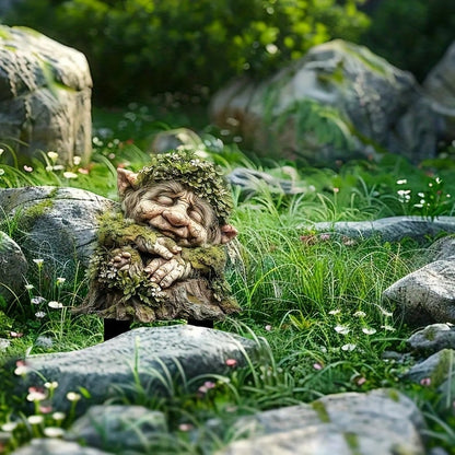 Schlafender Troll mit Blätterkranz und verschränkten Händen, mit Stecker zwischen Steinen und Gras im Garten. 16