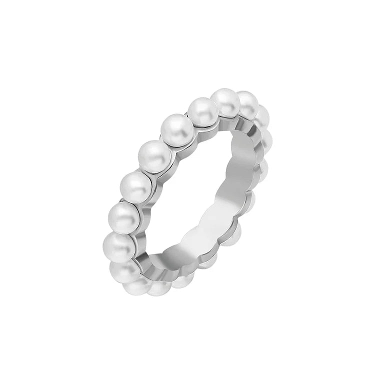 Silberner Perlenring, elegantes Schmuckdesign, Damenmode, hochwertiger Schmuck, Geschenkidee.