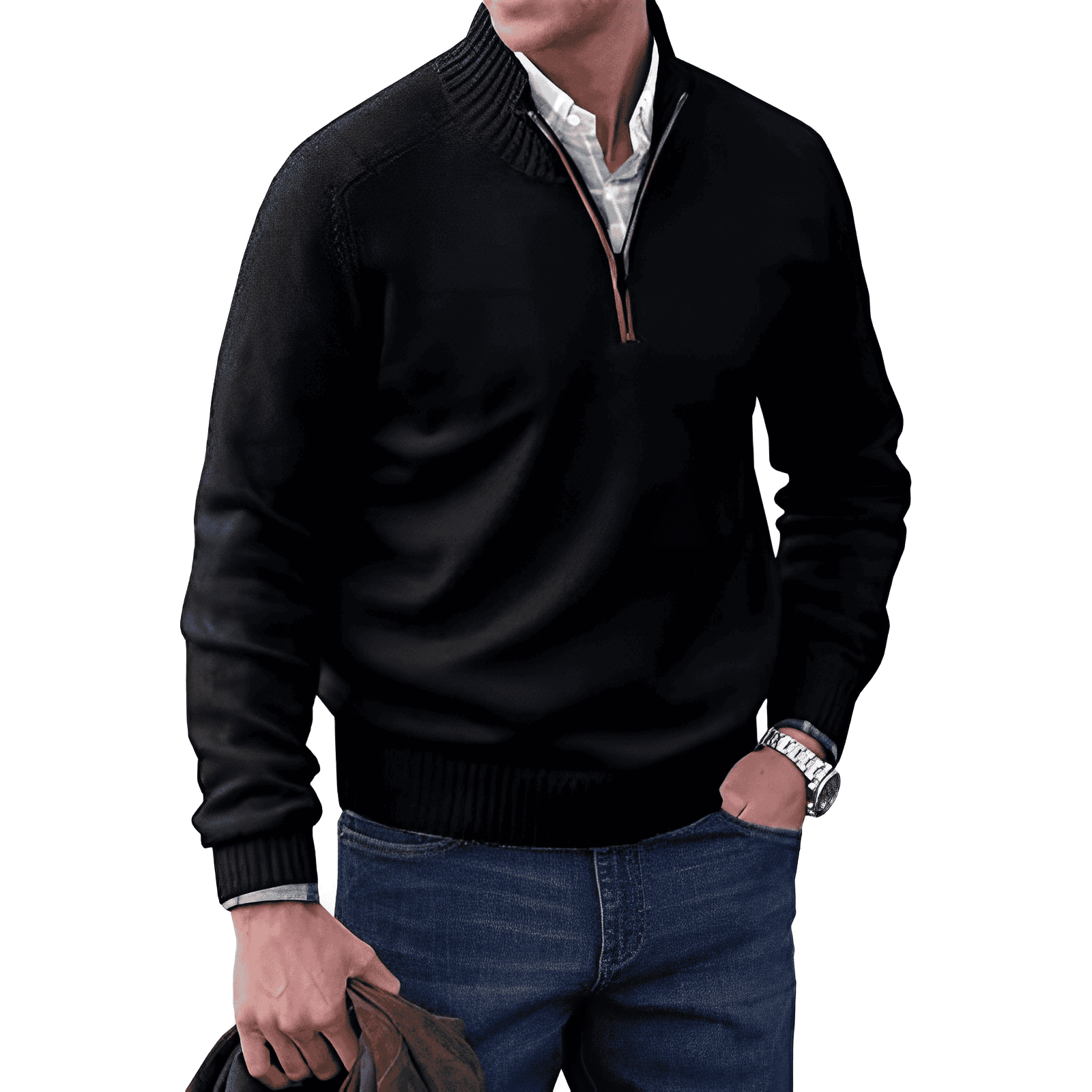 Mann in schwarzem Pullover mit Reißverschluss, blaue Jeans, hält braune Jacke, modisch, lässig.