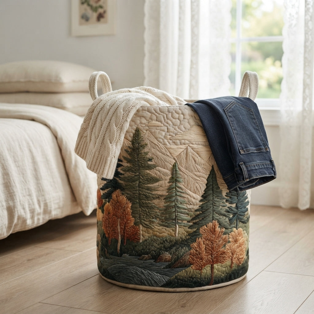 Gesteppter Waldkorb im Schlafzimmer, über den Rand hängen ein cremefarbener Strickpullover und eine dunkle Jeans. 13