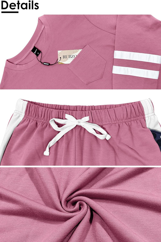 Rosa Damen-Sportanzug, Baumwolle, mit Streifen, elastischer Bund, bequem, modisch