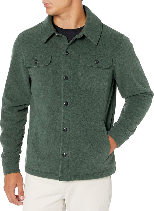 Grüne Herren-Fleecejacke mit Knopfleiste, Brusttaschen, langärmelig, lässiger Stil.