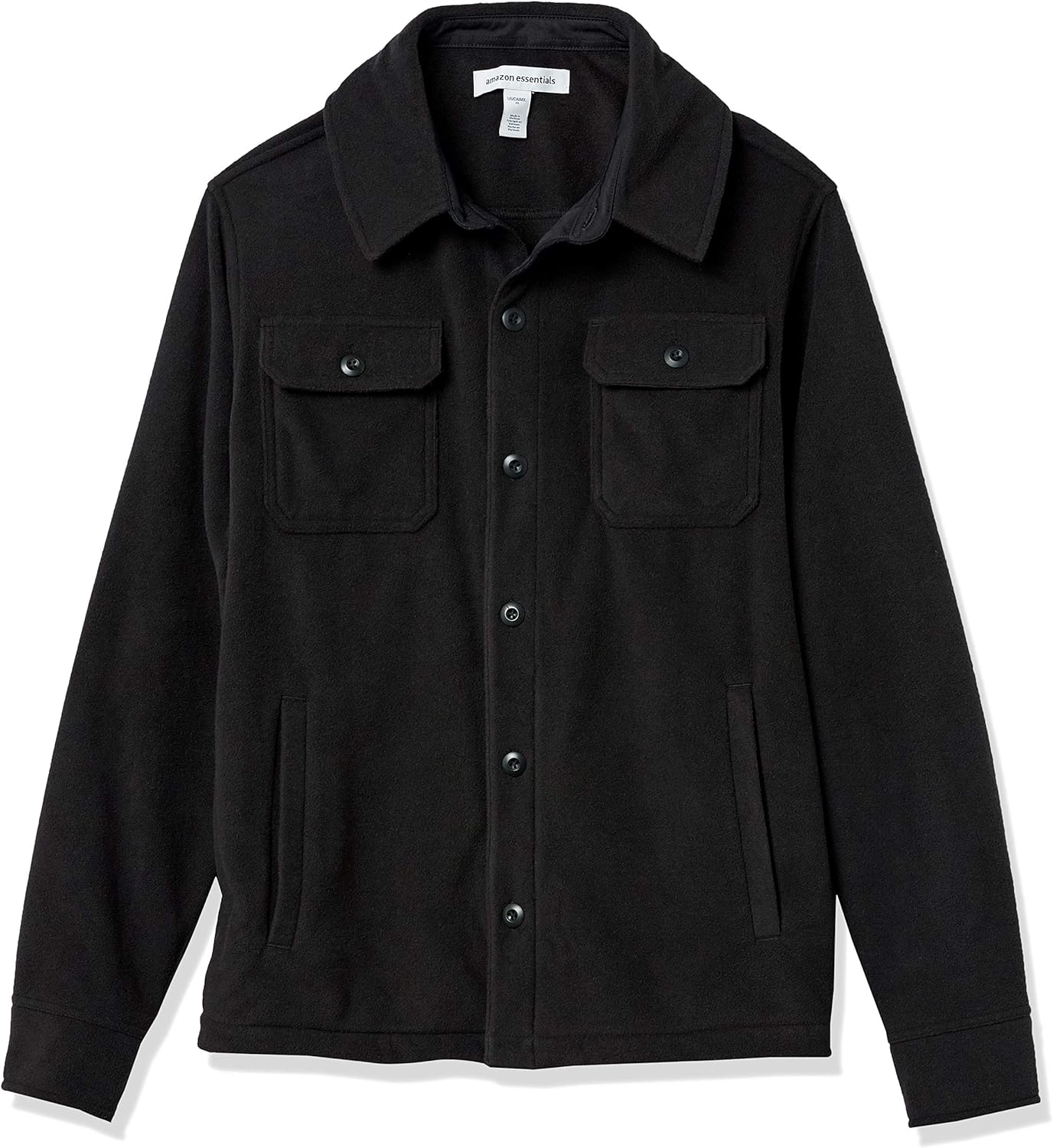 Schwarze Herrenjacke aus Fleece mit Knopfleiste und Brusttaschen, warm und stilvoll.