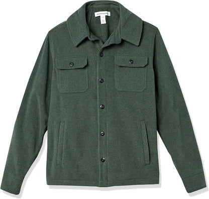 Grüne Herrenjacke aus Wolle mit Knopfleiste und Brusttaschen, klassischer Stil.