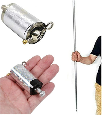 Collage mit der Stabrolle in Nahansicht, auf der Hand gehalten und dem ausgezogenen Stab in einer Faust 6