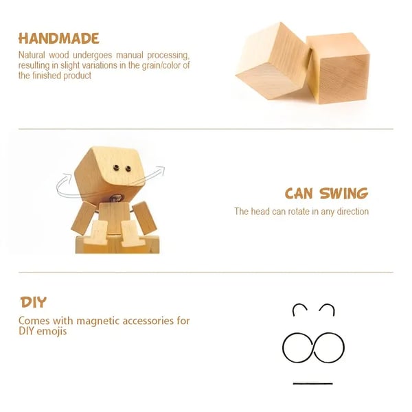 Infografik mit zwei Holzwürfeln, drehbarem Kopf der Figur und magnetischen Zubehörteilen zum Gestalten eigener Gesichter. 3
