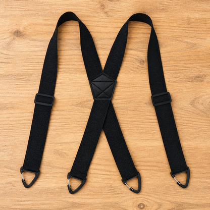 Schwarze X-Hosenträger mit dreieckigen Clips und verstellbaren Schnallen, flach auf Holzuntergrund ausgebreitet. 8