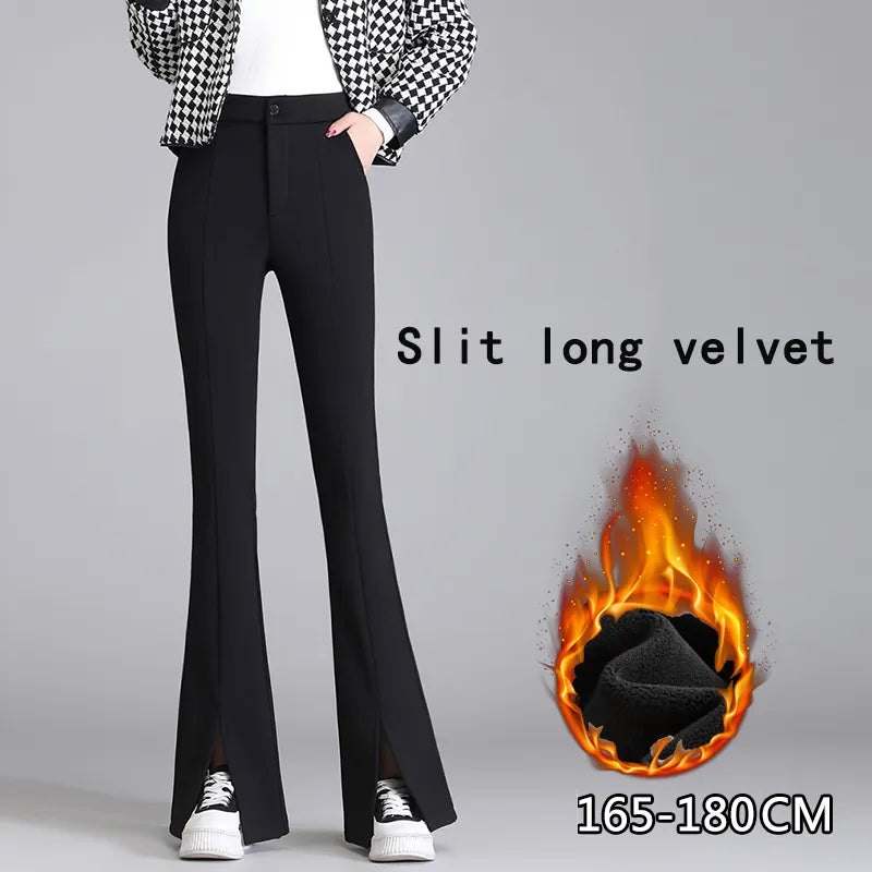 Schwarze Damen-Schlaghose, Samt, mit Schlitz, elegant, warm, Größe 165-180 cm.