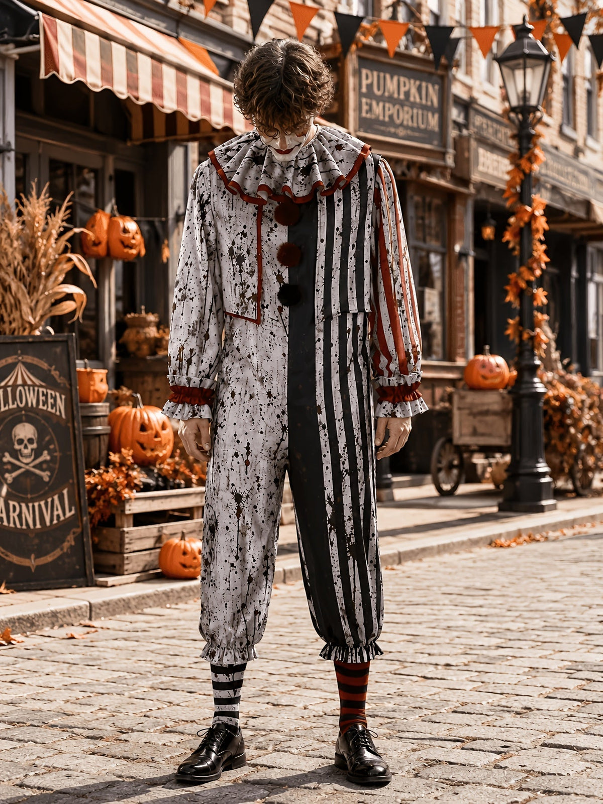 Frontansicht des Clown-Overalls mit grauem Spritzermuster, Streifen und Pompons, getragen von einem Model mit gesenktem Kopf auf Kopfsteinpflaster. 1