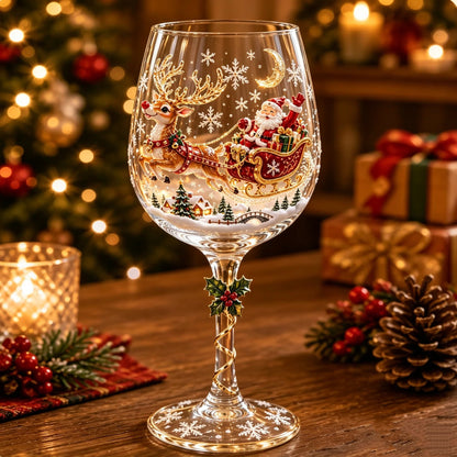 Weinglas mit Motiv eines Rentierschlittens mit winkendem Weihnachtsmann über einem verschneiten Dorf, goldener Mond und 3