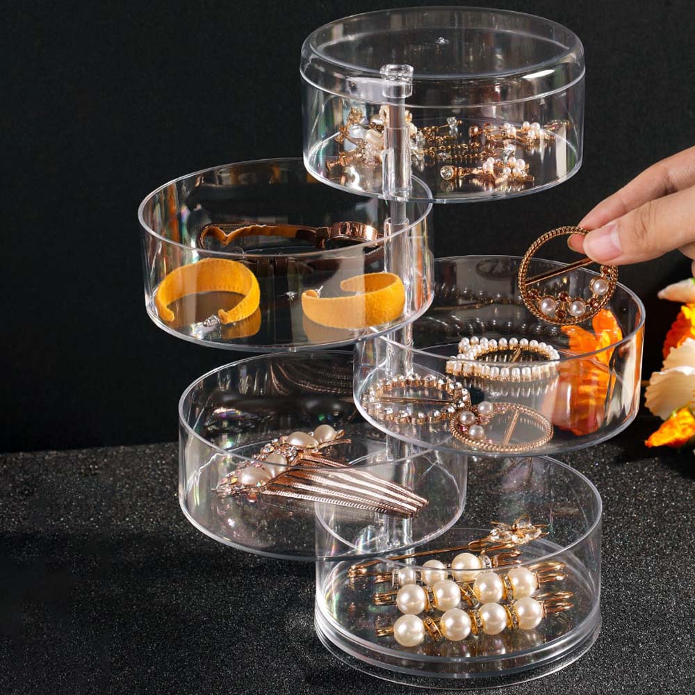 Transparenter Acryl-Schmuck-Organizer mit drehbaren Fächern, ideal zur Aufbewahrung von Schmuck.