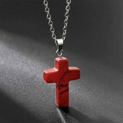 Rote Kreuzkette aus Stein, silberne Kette, religiöser Schmuck, modisches Accessoire.