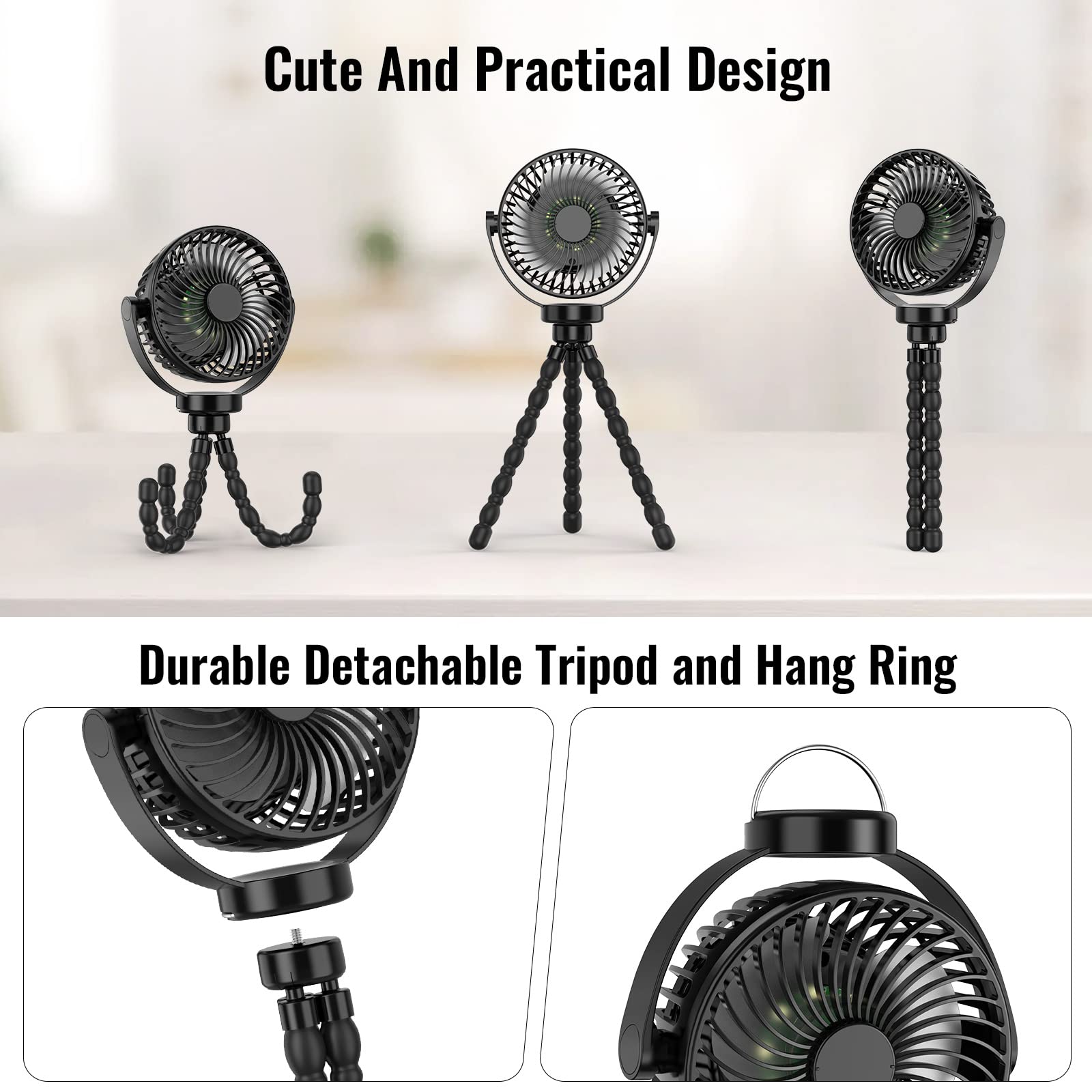 Tragbarer Ventilator mit flexiblem Stativ, schwarz, ideal für Reisen und Outdoor-Aktivitäten.