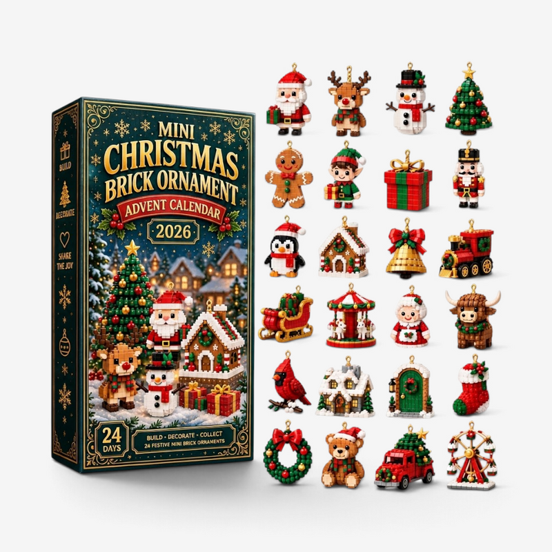 Grüne Adventskalender-Schachtel mit Weihnachtsmotiv vor weißem Hintergrund, daneben alle 24 fertig gebauten Klemmbaustein-Figuren in sechs Reihen angeordnet. 1
