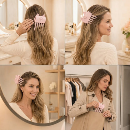 Vierer-Collage: Der rosa Styler steckt als Haarklammer im Haar, zuletzt wird er in eine Handtasche gesteckt 5