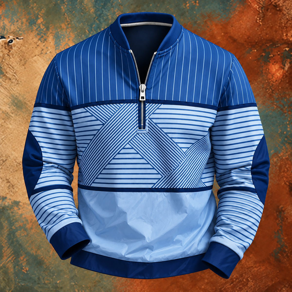 Frontansicht des Pullovers in Blau und Hellblau mit gestreiftem Oberteil, geometrischem Streifenmuster und halbem Reißverschluss. 4