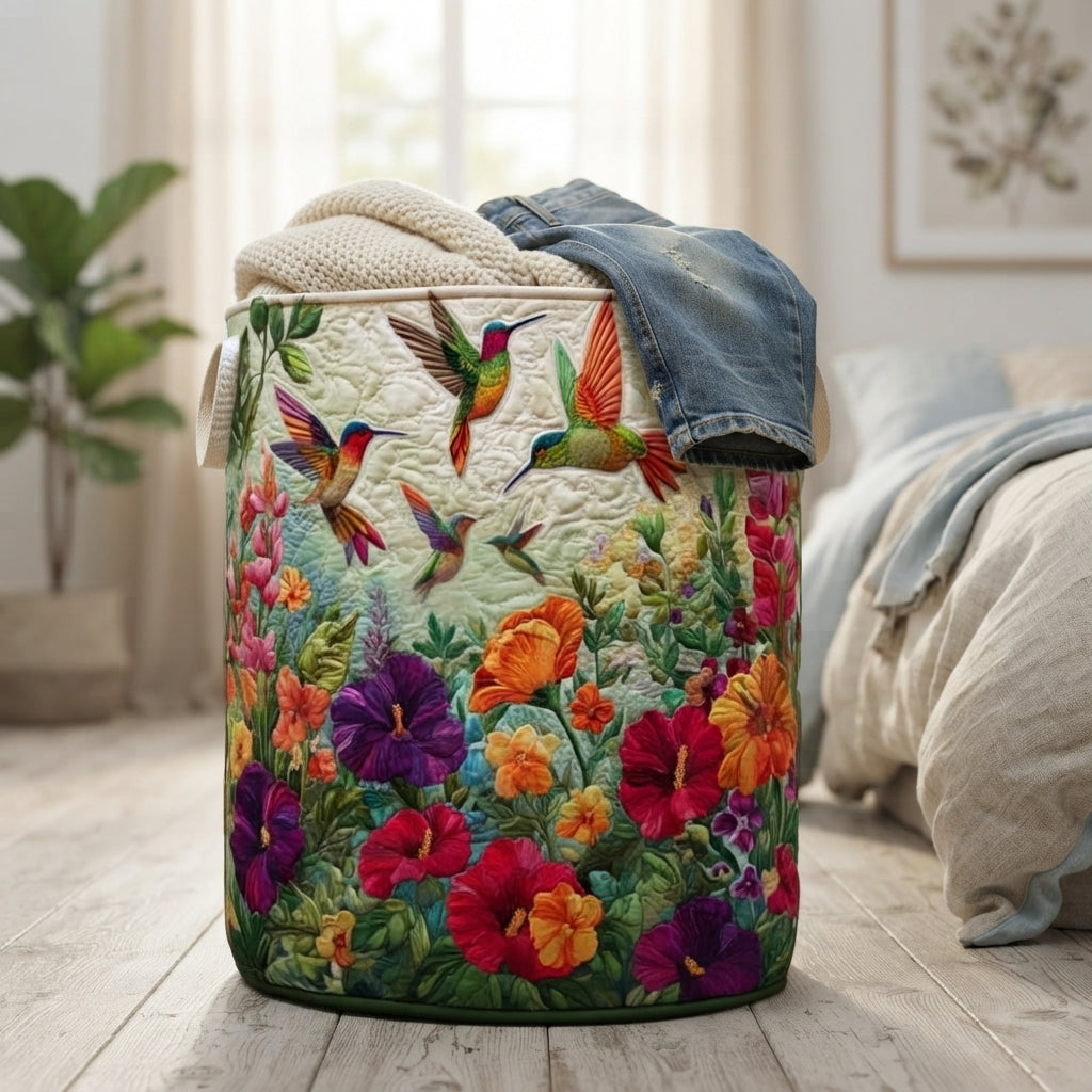 Freistehender Korb mit Kolibri- und Blumenmotiv auf hellem Holzboden im Schlafzimmer, gefüllt mit Strickdecke und Jeans. 4