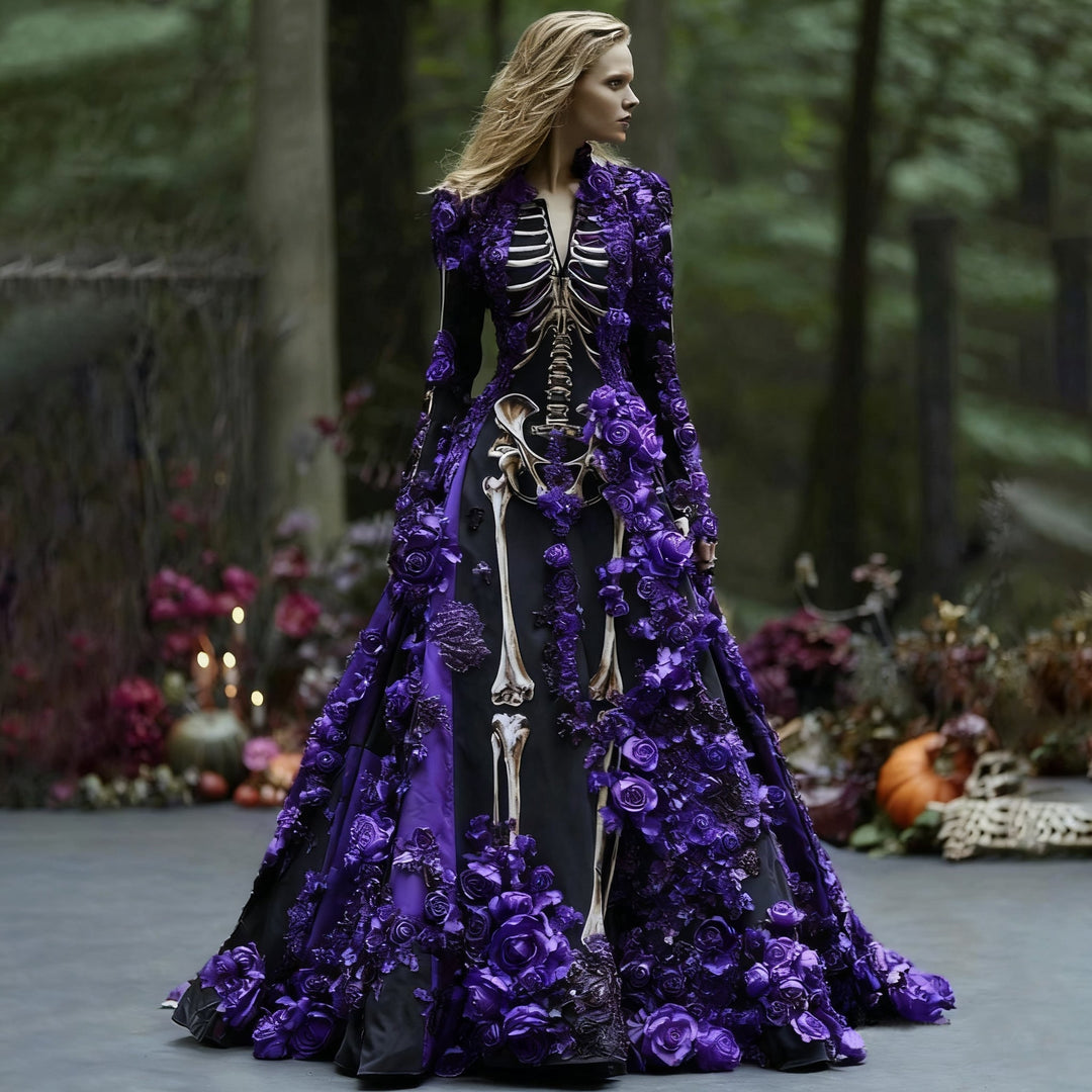 Das schwarze Skelettkleid mit violetten Rosenapplikationen, getragen von einer Frau mit langen blonden Haaren im Waldsetting. 6