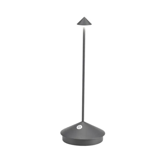 Moderne graue LED-Tischlampe, schlankes Design, energiesparend, ideal für Büro oder Wohnzimmer.