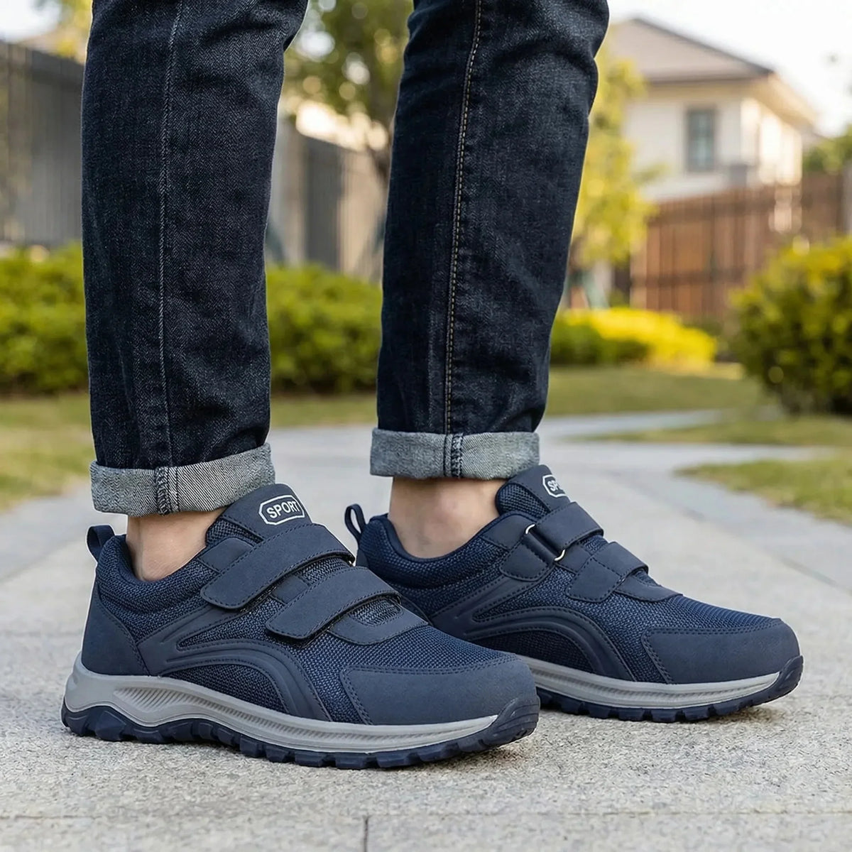 Blaue Klettschuhe mit grauer Sohle, getragen zu dunkler Jeans auf einem Gehweg im Park 1