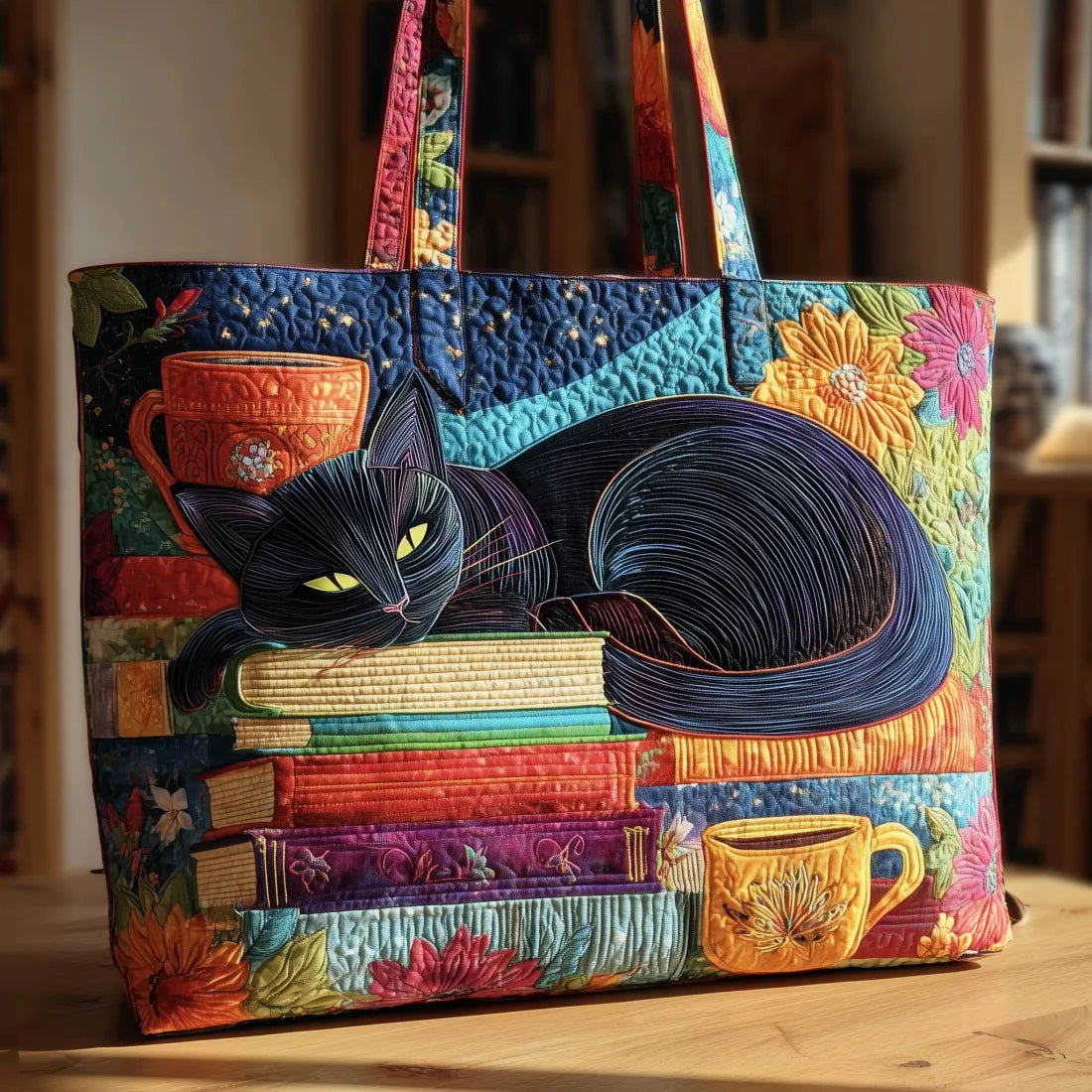 Frontansicht der bunten gesteppten Tasche mit schlafender schwarzer Katze auf Bücherstapel, zwischen Tassen und Blumen, auf einem Holztisch vor einem Bücherrega 1