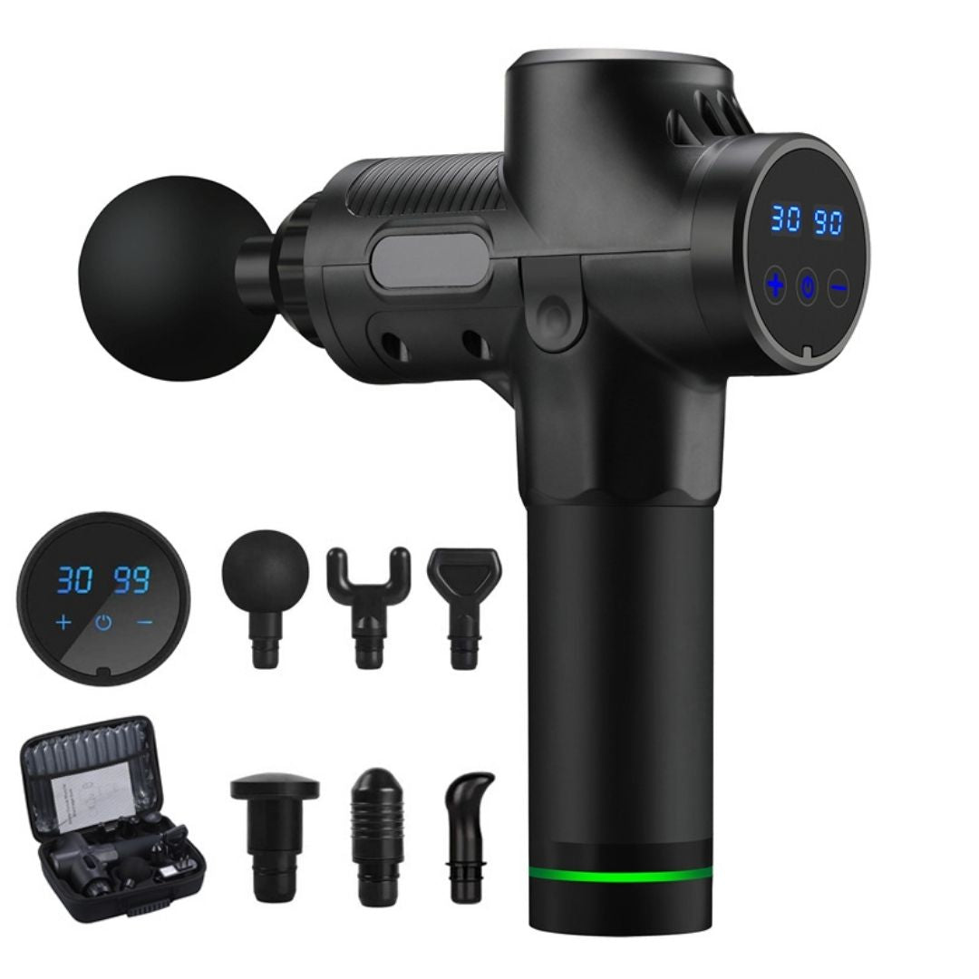 Schwarze Massagepistole mit LCD-Display, 6 Aufsätzen, tragbarem Koffer, Muskelentspannung.