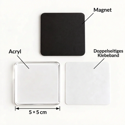 Einzelteile eines quadratischen Fotomagneten: Acryl, schwarzer Magnet und doppelseitiges Klebeband, Maßangabe fünf mal fünf 8