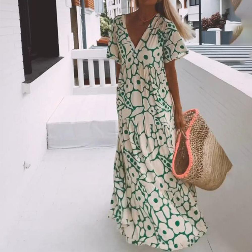 Grünes Maxikleid mit kurzen Ärmeln und Muster – Elisa
