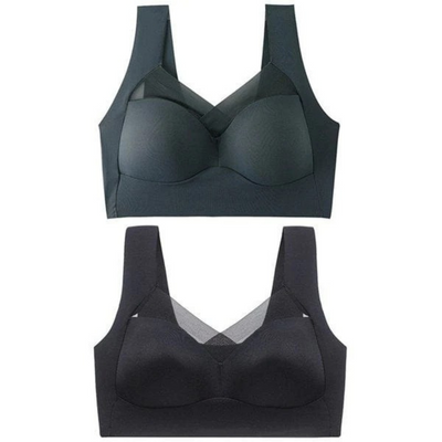 Zwei nahtlose Bralettes übereinander von vorn, oben in dunklem Graugrün, unten in Schwarz, mit breiten Trägern und transparentem Netzeinsatz am Ausschnitt. 22