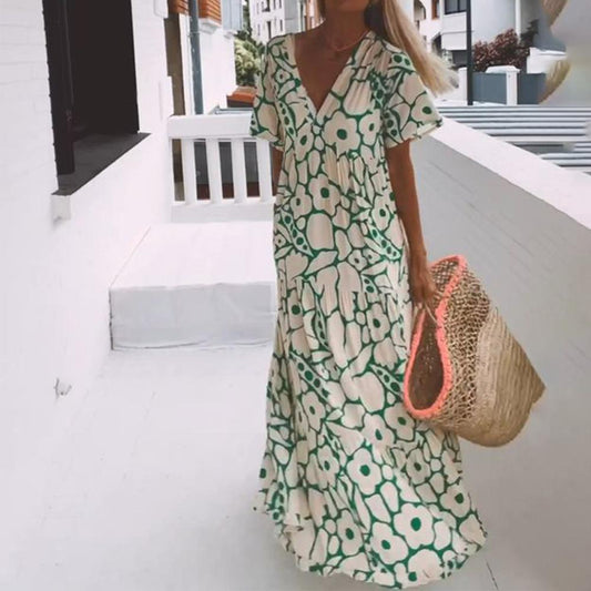 Grünes Maxikleid mit kurzen Ärmeln und Muster – Elisa