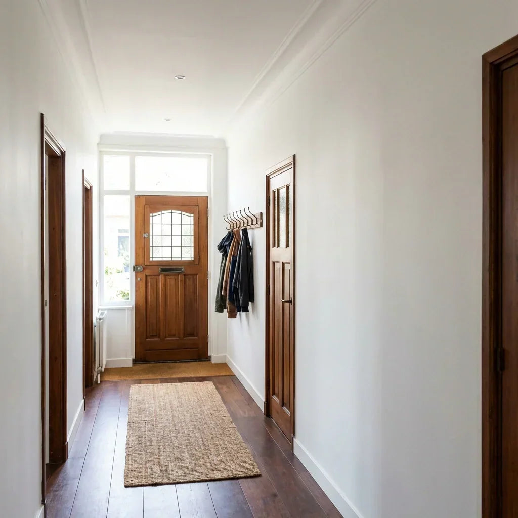 Heller Flur mit weiß gestrichenen Wänden, braunen Holztüren, Garderobenhaken und Läufer auf dunklem Holzboden 7
