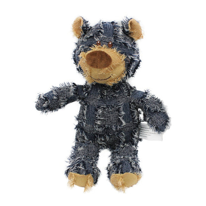 Plüschbär aus Jeansstoff, blau, zottelig, Kuscheltier für Kinder, robustes Design.