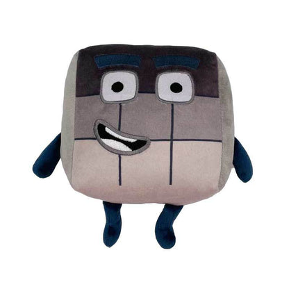 Kuscheltier Würfel grau-blau, Cartoon-Gesicht, weiches Plüschspielzeug für Kinder.