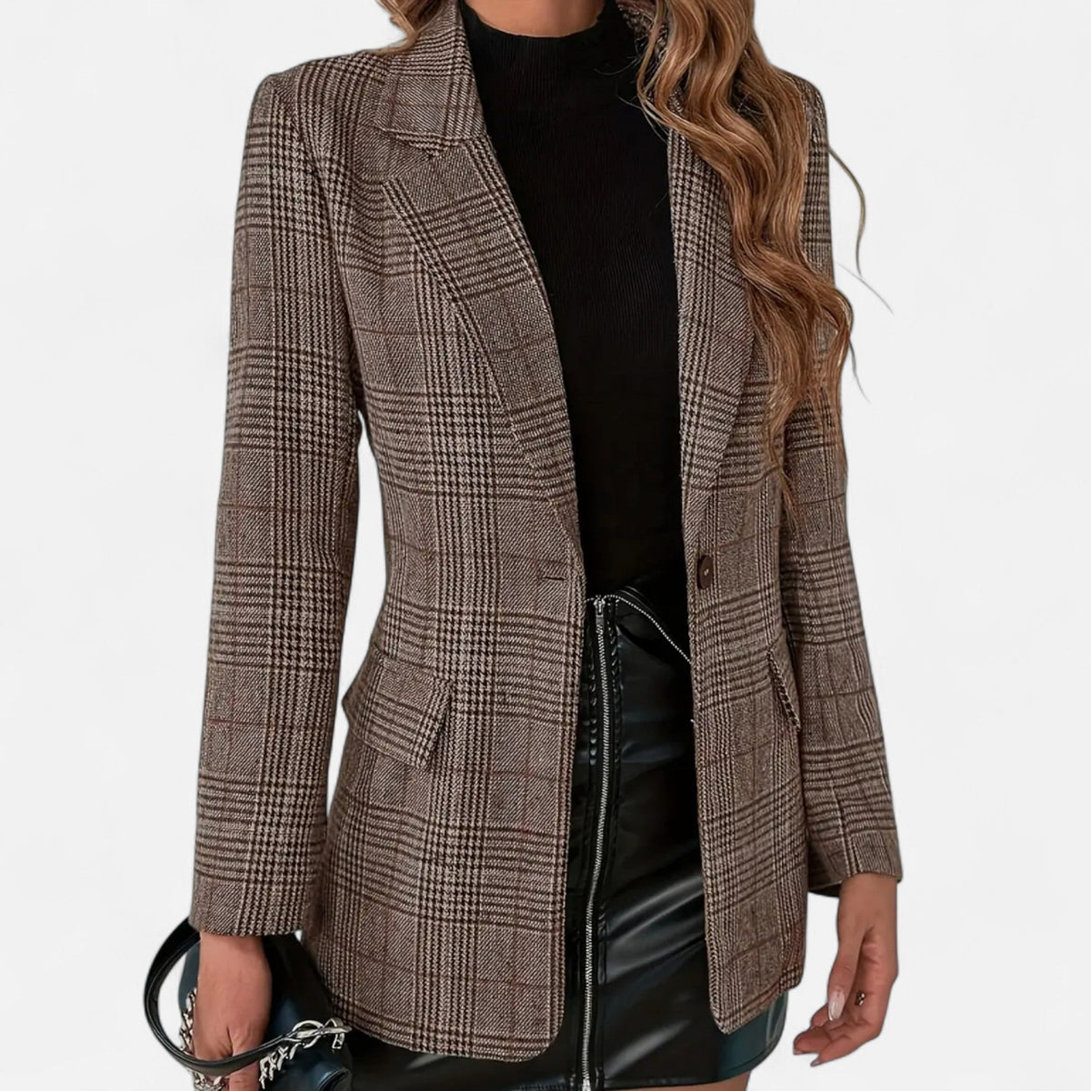 Women's Single-Breasted Plaid Blazer, Tailored Fit, Brown 1