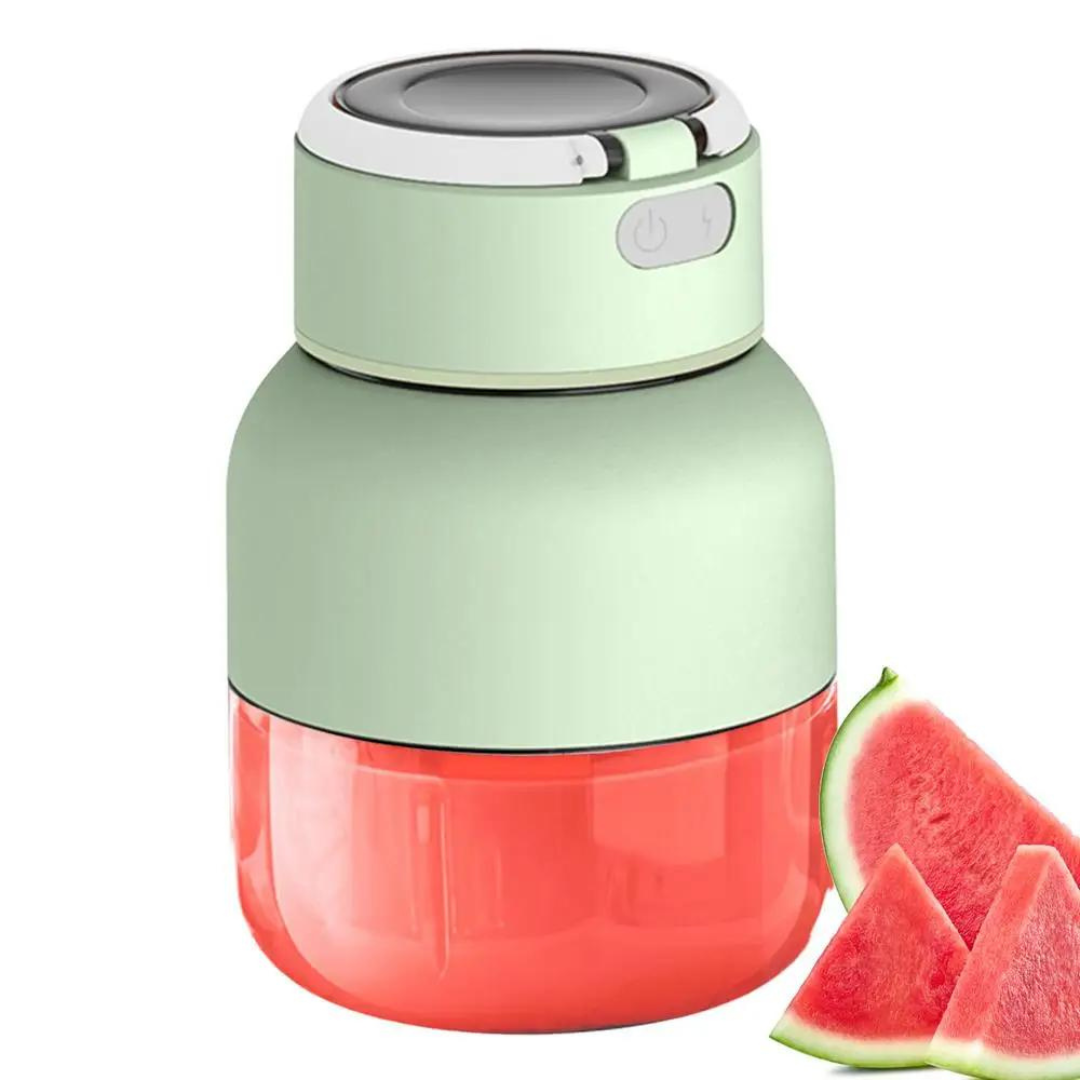 Tragbarer kabelloser Entsafter, grün-rot, multifunktional, mit Wassermelonenstücken.