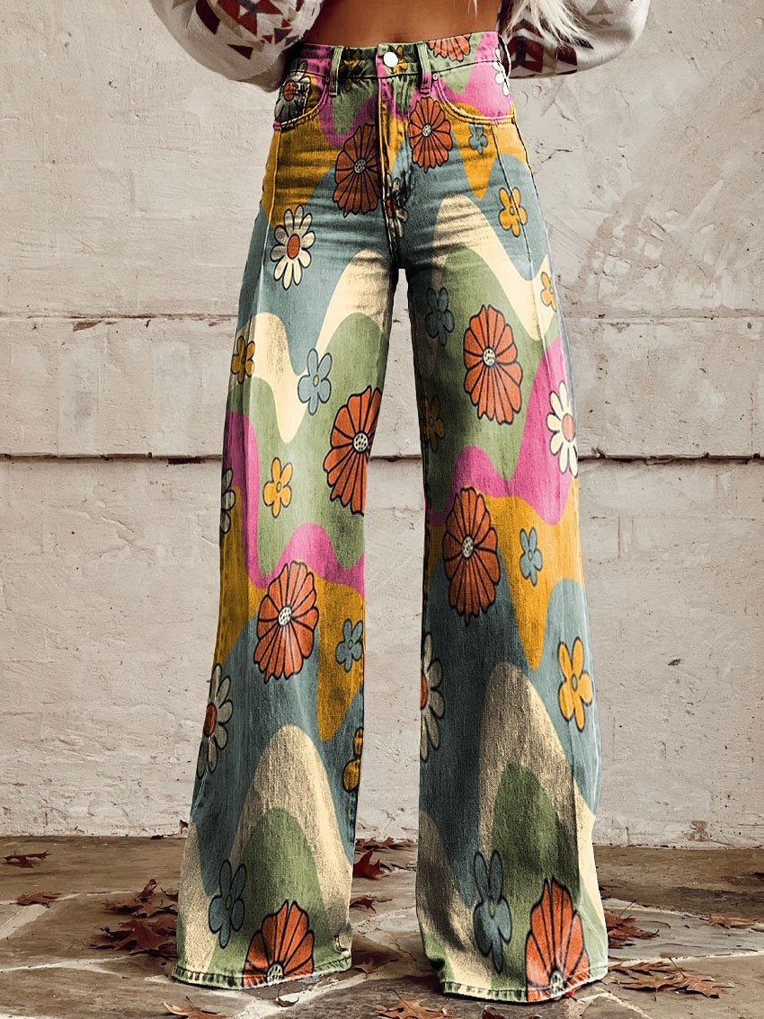 Bunte Schlaghose mit Blumenmuster, Damenmode, Vintage-Stil, 70er Jahre, Freizeitkleidung.