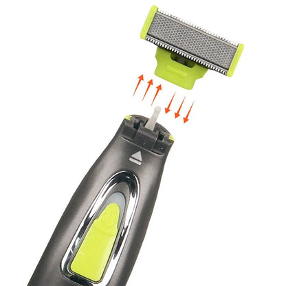 Elektrischer Rasierer mit abnehmbarer Klinge, schwarz-grün, für präzises Trimmen und Rasieren.