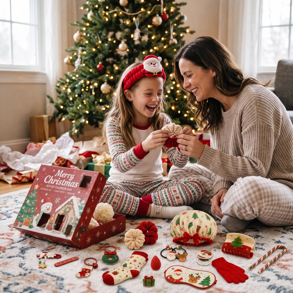 Mädchen und Frau im Schlafanzug lachen vor dem Weihnachtsbaum, vor ihnen liegen die ausgepackten Adventskalender-Geschenke 1