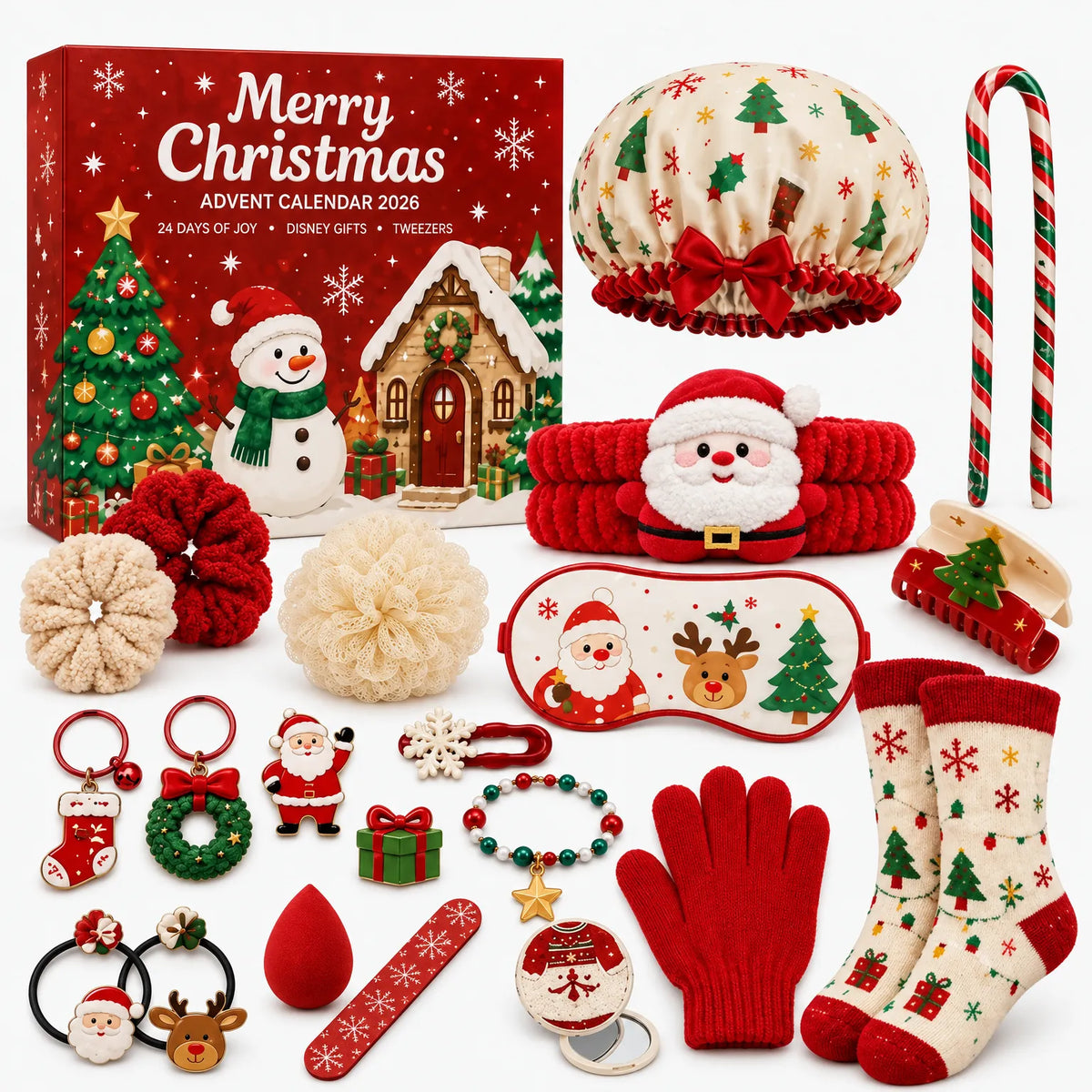 Alle Geschenke des Adventskalenders ausgebreitet neben der roten Weihnachtsbox, darunter Duschhaube, Socken, Handschuh 2