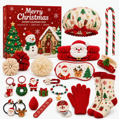 Alle Geschenke des Adventskalenders ausgebreitet neben der roten Weihnachtsbox, darunter Duschhaube, Socken, Handschuh 2
