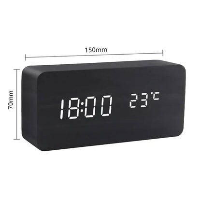 Schwarzer LED-Wecker aus Holz mit Temperaturanzeige, ideal für Nachttisch, 150x70mm.