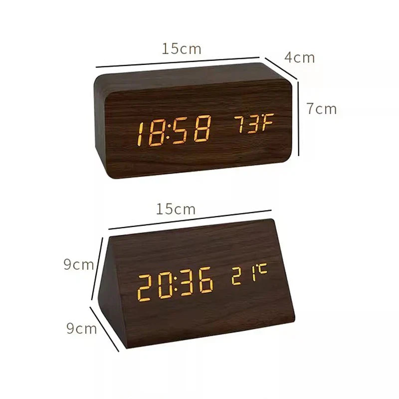 Holz-Wecker mit LED-Anzeige, Temperaturanzeige, ideal für Schlafzimmer, 15x9x9 cm.